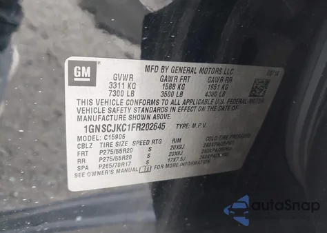 2015 Chevrolet Suburban 1500 Lt from USA, damaged, VIN 1GNSCJKC1FR202645